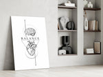 brain above heart balance line art panel resting in a shelving niche in a modern interior