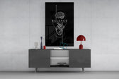 brain above heart balance on black glass wall art displayed above a console in a designer interior