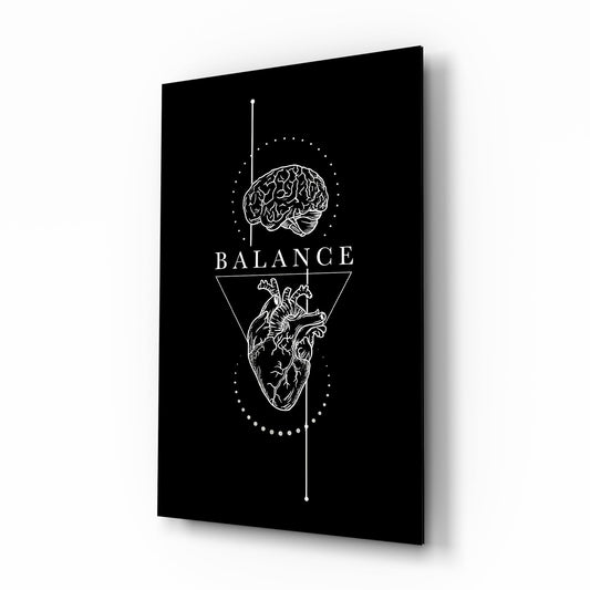 Balance Brain Over Heart Black Line Art Glass Wall Art - Lifestyle preview in a designer interior