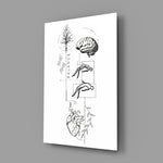 surreal balance collage of brain and heart glass wall art angled to show the polished tempered glass panel