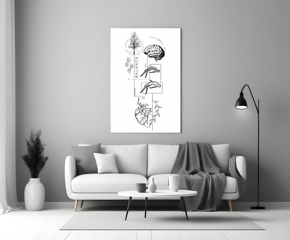 surreal balance collage of brain and heart panel bringing character to a minimalist living room wall