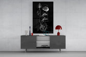 balance brain and heart line art glass wall art displayed above a console in a designer interior