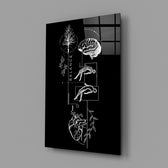 balance brain and heart line art glass wall art angled to show the polished tempered glass panel