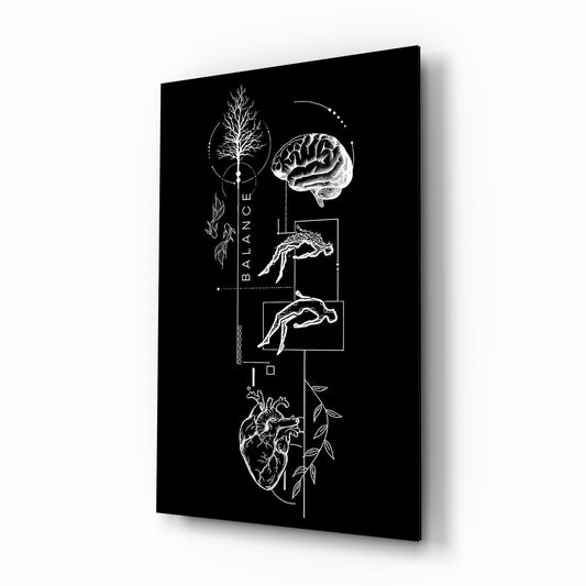 Balance Brain and Heart Line Art Glass Wall Art - Lifestyle preview in a designer interior