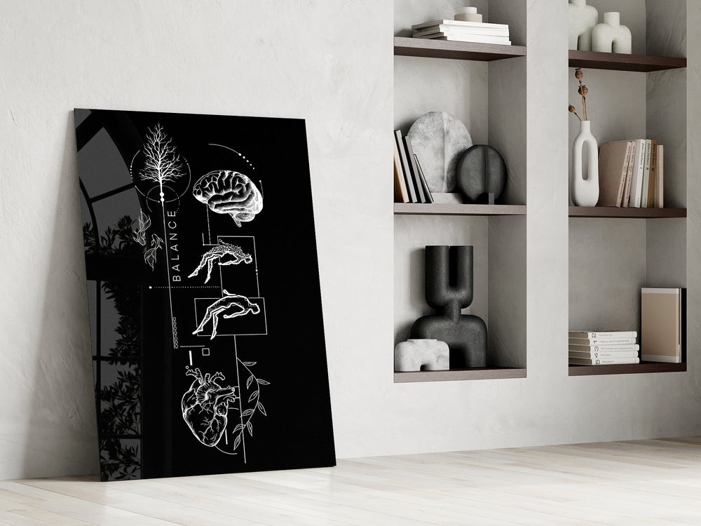 balance brain and heart line art panel resting in a shelving niche in a modern interior