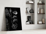 balance brain and heart line art panel resting in a shelving niche in a modern interior