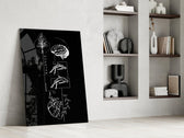 balance brain and heart line art panel resting in a shelving niche in a modern interior