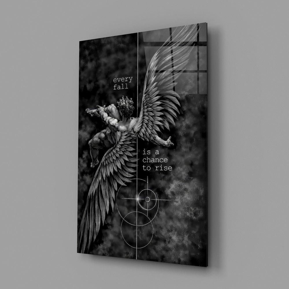 winged figure every fall to rise glass wall art angled to show the polished tempered glass panel
