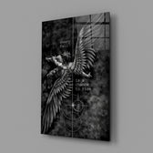winged figure every fall to rise glass wall art angled to show the polished tempered glass panel