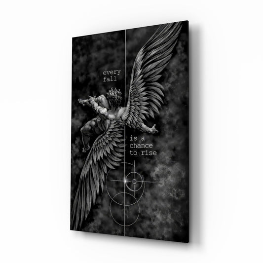 Every Fall a Chance to Rise Winged Angel Glass Wall Art - Lifestyle preview in a designer interior