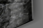 Close-up detail of the feathered wings and classical marble figure against dark smoke on the glass surface