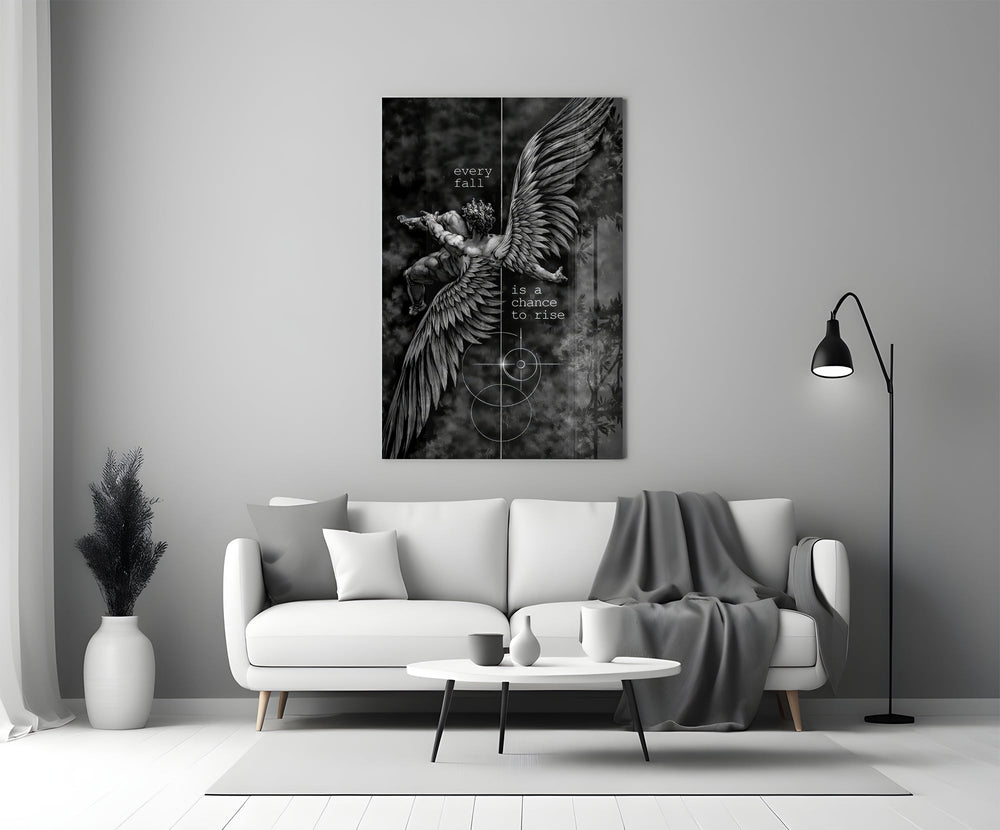 winged figure every fall to rise panel bringing character to a minimalist living room wall