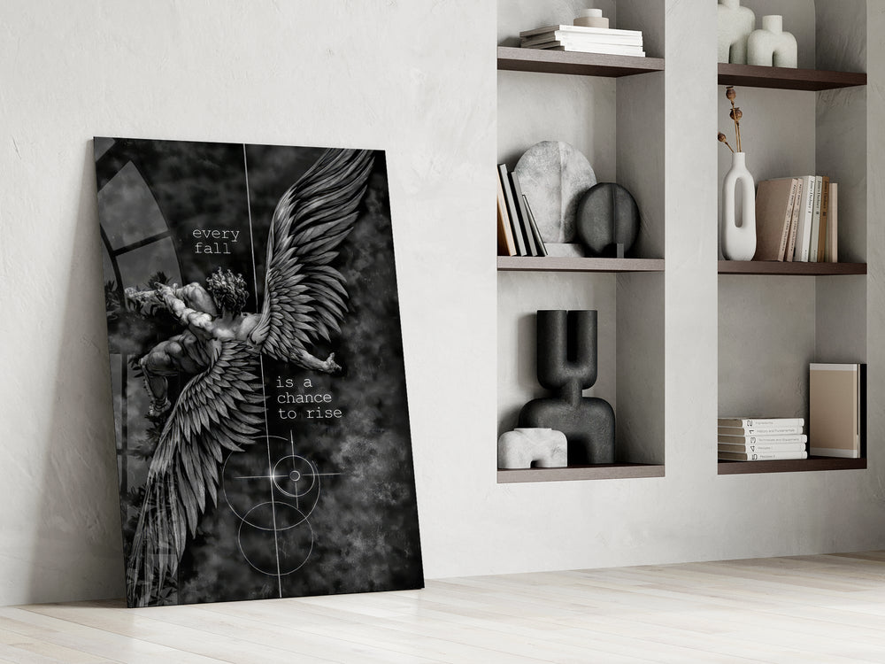 winged figure every fall to rise panel resting in a shelving niche in a modern interior