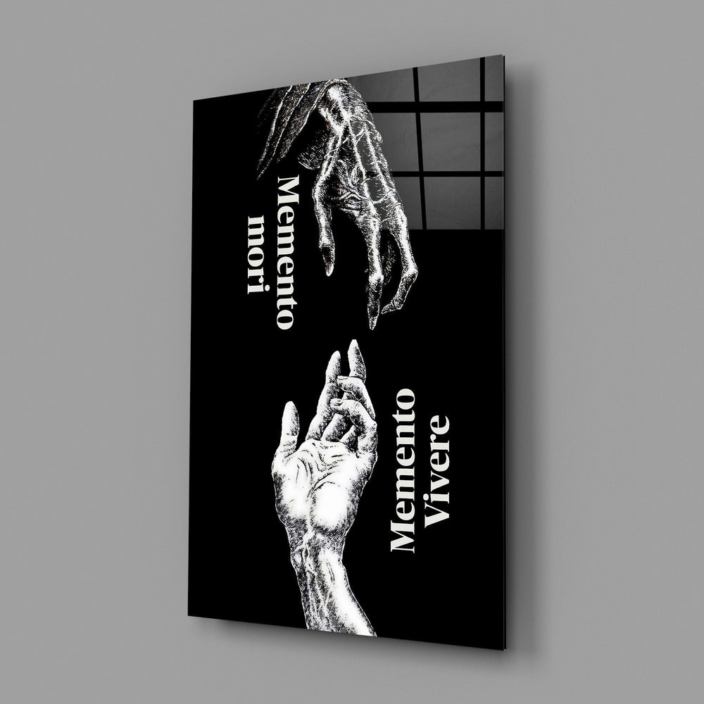 memento mori vivere reaching hands glass wall art angled to show the polished tempered glass panel