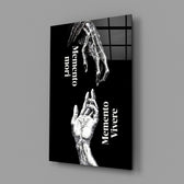 memento mori vivere reaching hands glass wall art angled to show the polished tempered glass panel