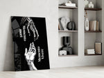 memento mori vivere reaching hands panel resting in a shelving niche in a modern interior