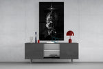 ascending phoenix sacred geometry glass wall art displayed above a console in a designer interior