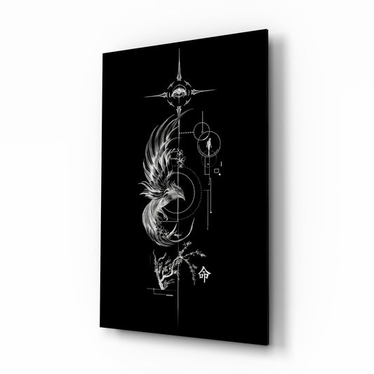 Ascending Phoenix Sacred Geometry Glass Wall Art - Lifestyle preview in a designer interior