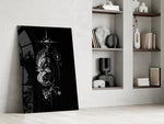 ascending phoenix sacred geometry panel resting in a shelving niche in a modern interior