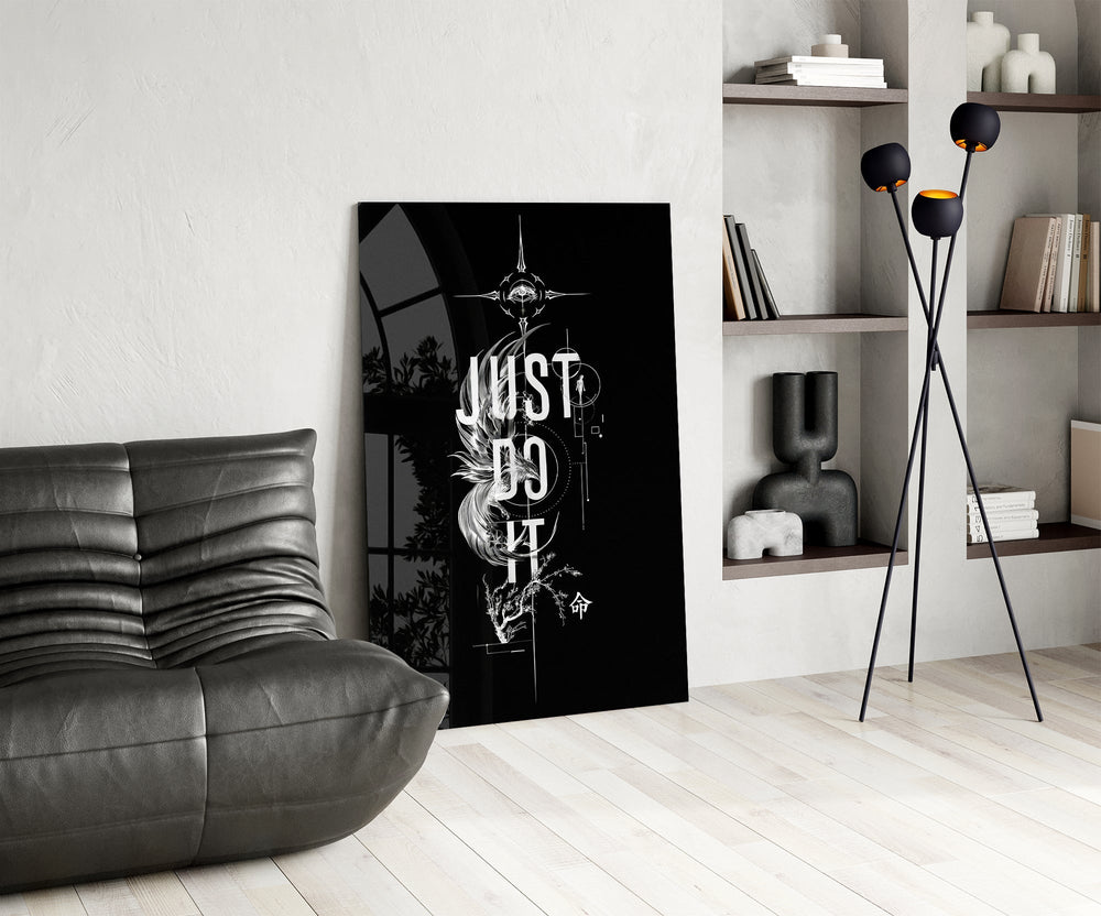 phoenix bold motivational typography glass wall art leaning beside a dark leather sofa