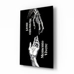 Skeletal and Living Hands Memento Mori Glass Wall Art - Lifestyle preview in a designer interior