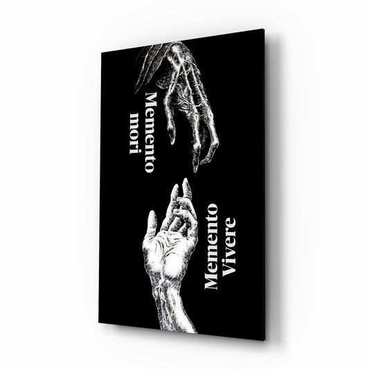 Skeletal and Living Hands Memento Mori Glass Wall Art - Lifestyle preview in a designer interior