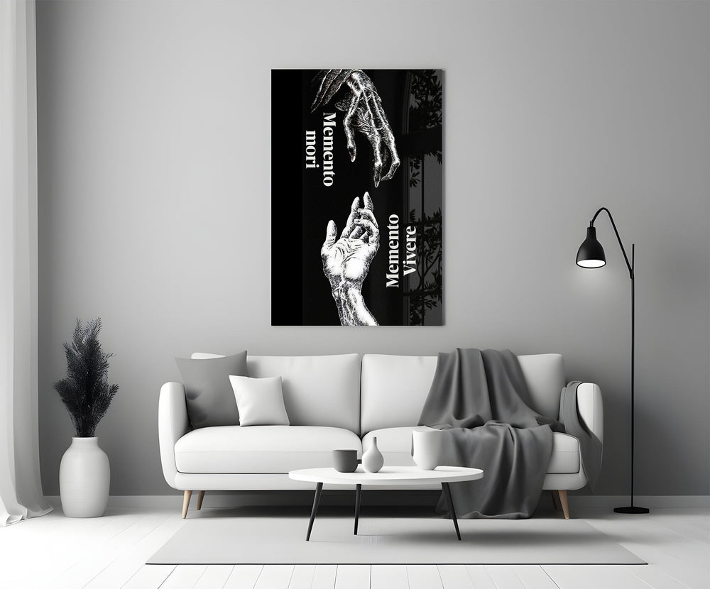 skeletal and living hands memento mori panel bringing character to a minimalist living room wall