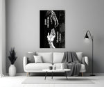 skeletal and living hands memento mori panel bringing character to a minimalist living room wall