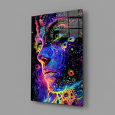 neon dot psychedelic woman's face glass wall art angled to show the polished tempered glass panel