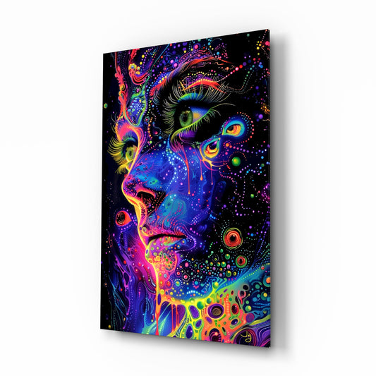 Neon Dot Psychedelic Woman Face Glass Wall Art - Lifestyle preview in a designer interior