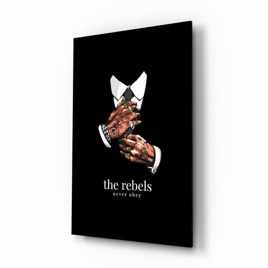 The Rebels Never Obey Tattooed Hands Glass Wall Art - Lifestyle preview in a designer interior
