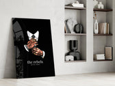 tattooed hands and the words the rebels never obey panel resting in a shelving niche in a modern interior