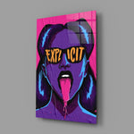 explicit pop art woman in sunglasses glass wall art angled to show the polished tempered glass panel