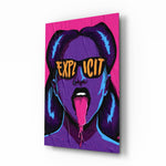 Explicit Pink Pop Art Woman Glass Wall Art - Lifestyle preview in a designer interior
