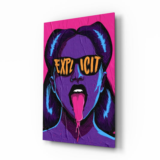 Explicit Pink Pop Art Woman Glass Wall Art - Lifestyle preview in a designer interior