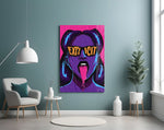 explicit pop art woman in sunglasses glass wall art styled above an armchair in a reading corner
