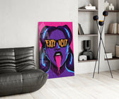 explicit pop art woman in sunglasses glass wall art leaning beside a dark leather sofa