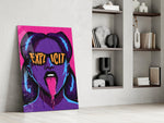 explicit pop art woman in sunglasses panel resting in a shelving niche in a modern interior