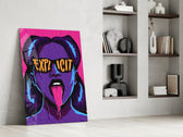 explicit pop art woman in sunglasses panel resting in a shelving niche in a modern interior