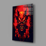 a horned demon face burning out of red flame glass wall art angled to show the polished tempered glass panel