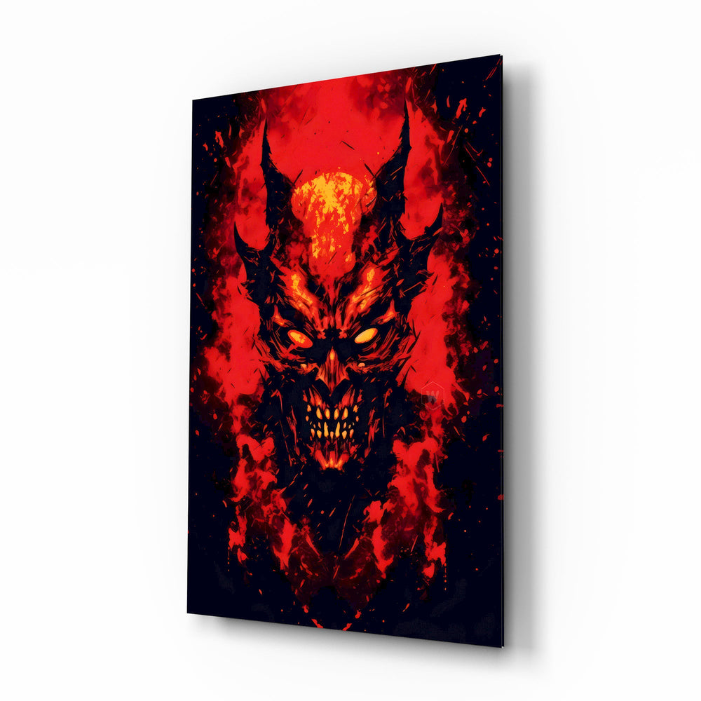 Burning Red Horned Demon Face Glass Wall Art - Lifestyle preview in a designer interior