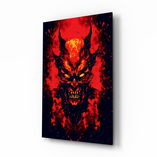 Burning Red Horned Demon Face Glass Wall Art - Lifestyle preview in a designer interior