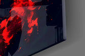 Close-up detail of the molten yellow eyes and jagged teeth glowing inside the smoke on the glass surface