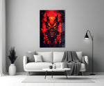 a horned demon face burning out of red flame panel bringing character to a minimalist living room wall