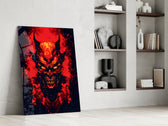 a horned demon face burning out of red flame panel resting in a shelving niche in a modern interior