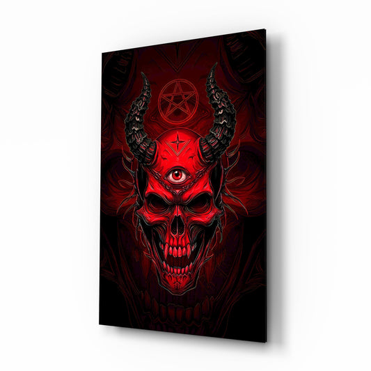 Third Eye Red Horned Skull Glass Wall Art - Lifestyle preview in a designer interior