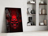 a red horned skull with a third eye panel resting in a shelving niche in a modern interior