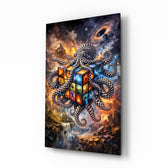 Checkered Octopus Cosmic Puzzle Cube Glass Wall Art - Lifestyle preview in a designer interior