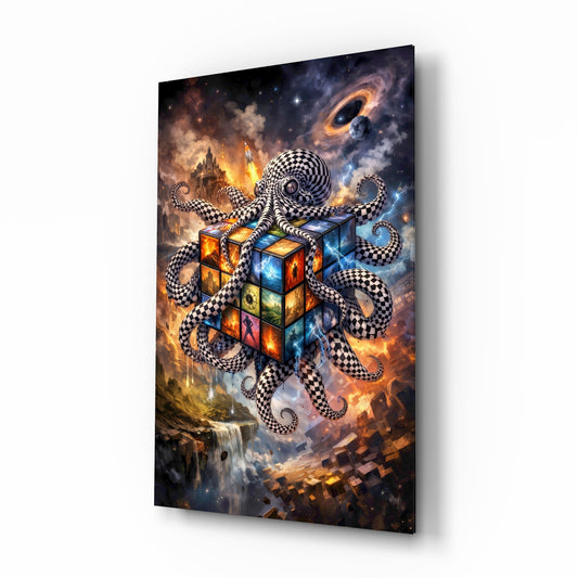 Checkered Octopus Cosmic Puzzle Cube Glass Wall Art - Lifestyle preview in a designer interior