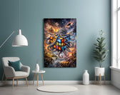 a checkered octopus holding a cosmic puzzle cube glass wall art styled above an armchair in a reading corner
